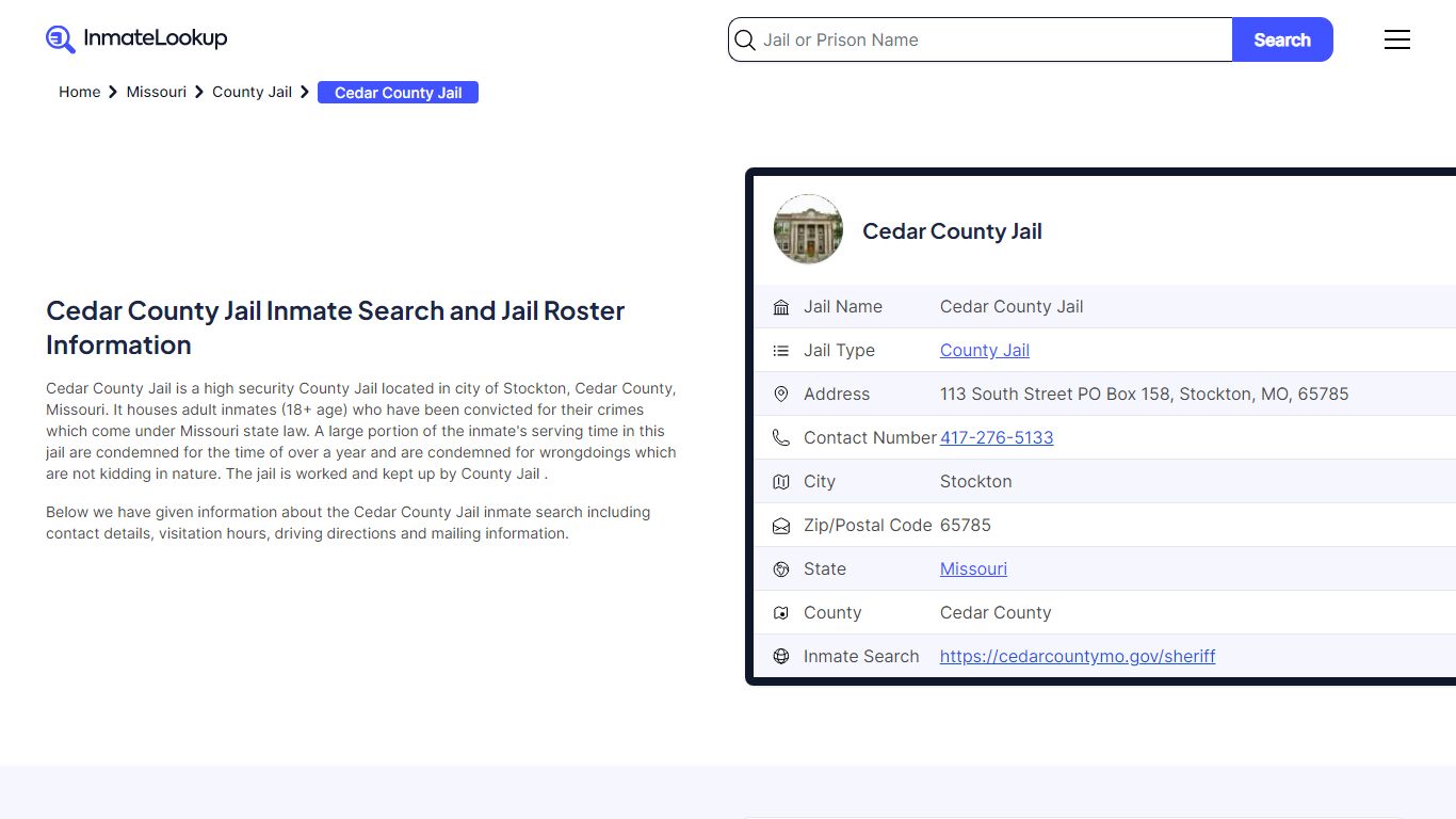 Cedar County Jail (MO) Inmate Search Missouri - Inmate Lookup